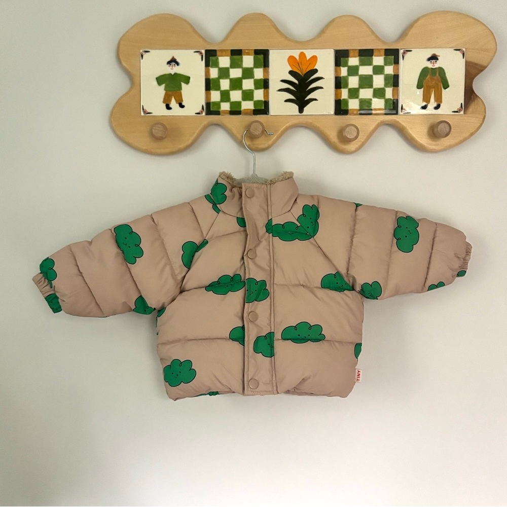 Tiny Cottons - Baby Toddler Tan Puffer Jacket with Green Cloud Print 12m